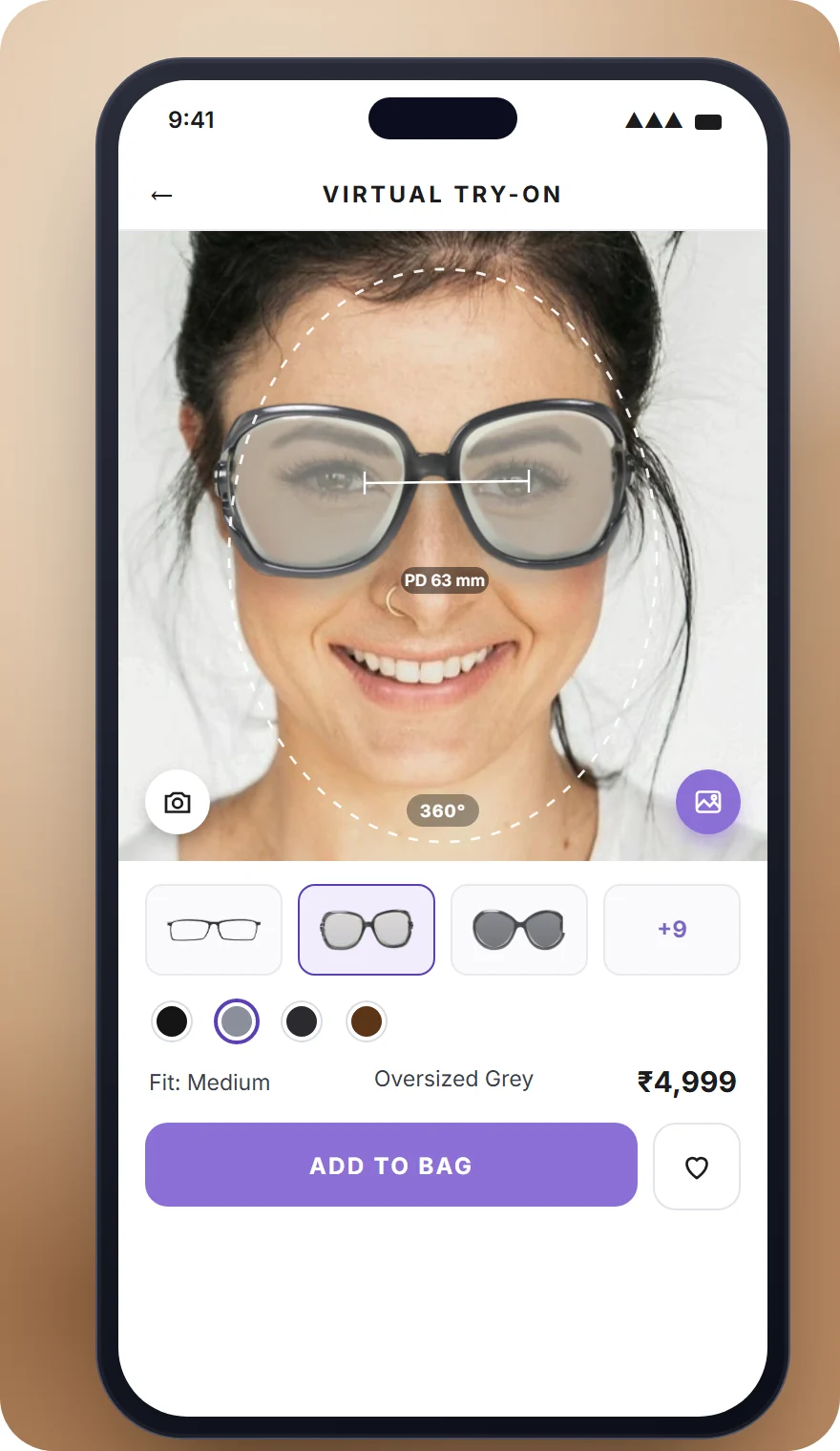 Oversized grey sunglasses on the model in the try-on screen