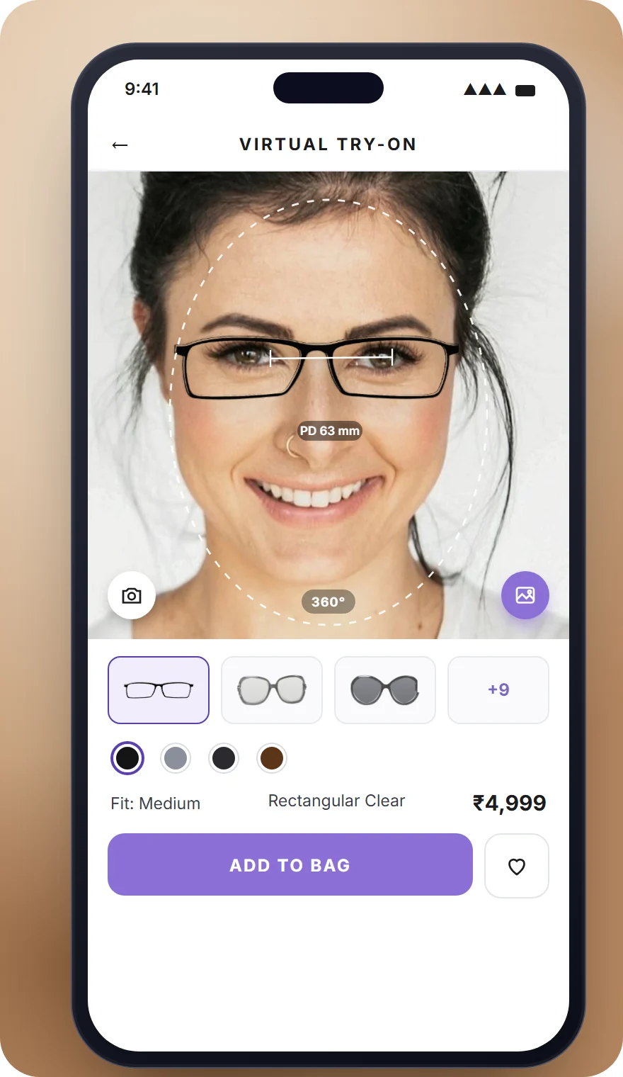 Virtual glasses try-on screen on a phone: a young woman’s face in the camera view with a face-guide oval, PD 63 mm measurement, rectangular clear frames on her eyes, frame thumbnails, colour dots, fit and price row and an Add to bag button