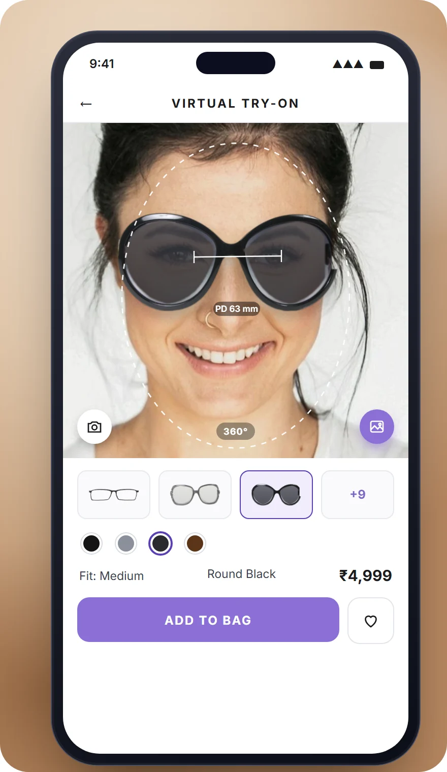 Round black sunglasses on the model in the try-on screen