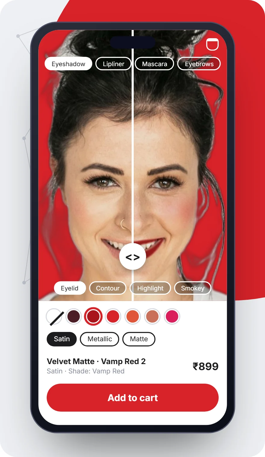 Virtual makeup try-on on a phone: before-and-after split of a young woman’s face with lipstick, blush and eyeshadow, feature chips, colour swatches and finish options