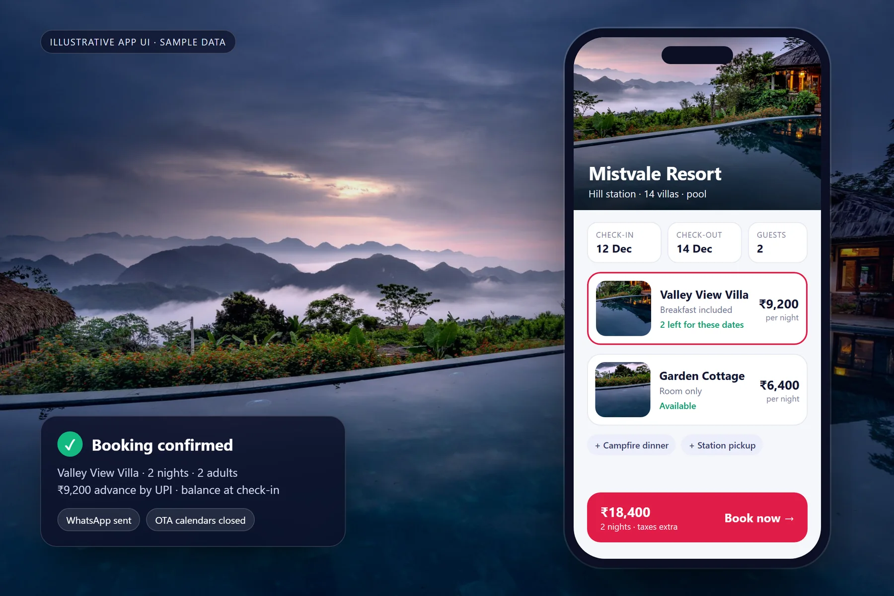 Illustrative resort booking app screen on a phone, showing dates, villa availability and prices for a sample resort, over a photo of a hill resort infinity pool above misty mountains, with a booking confirmed card