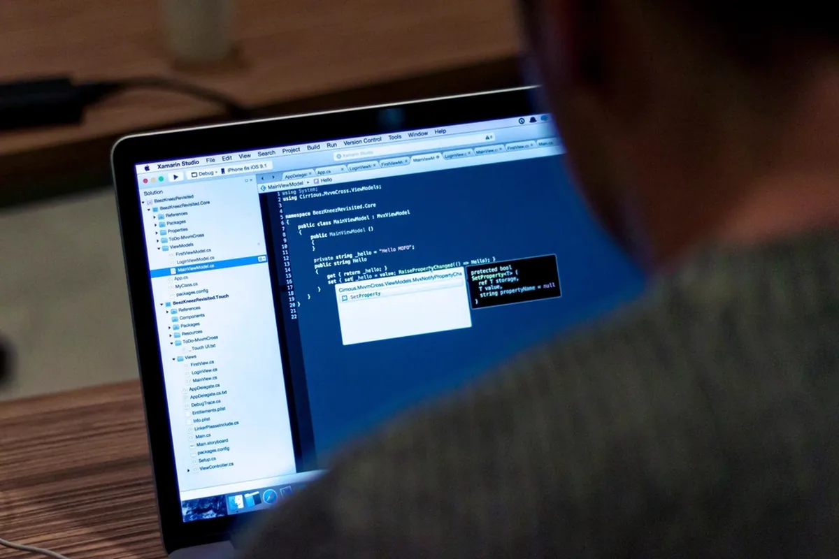 Programmer writing code on a laptop