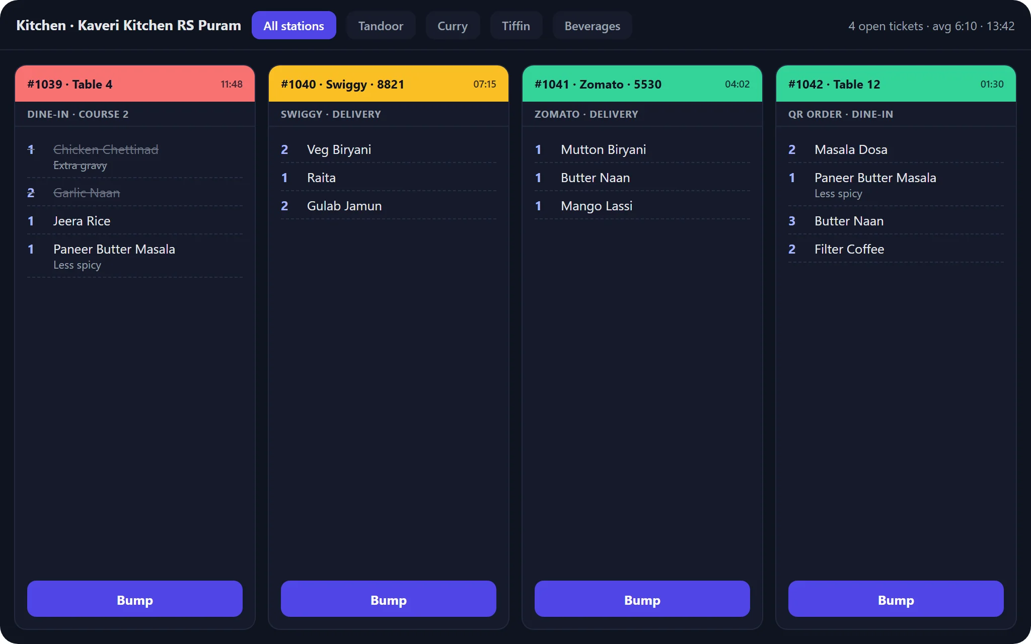 Kitchen display system screen with four order tickets coloured by waiting time from dine-in, Swiggy, Zomato and QR orders