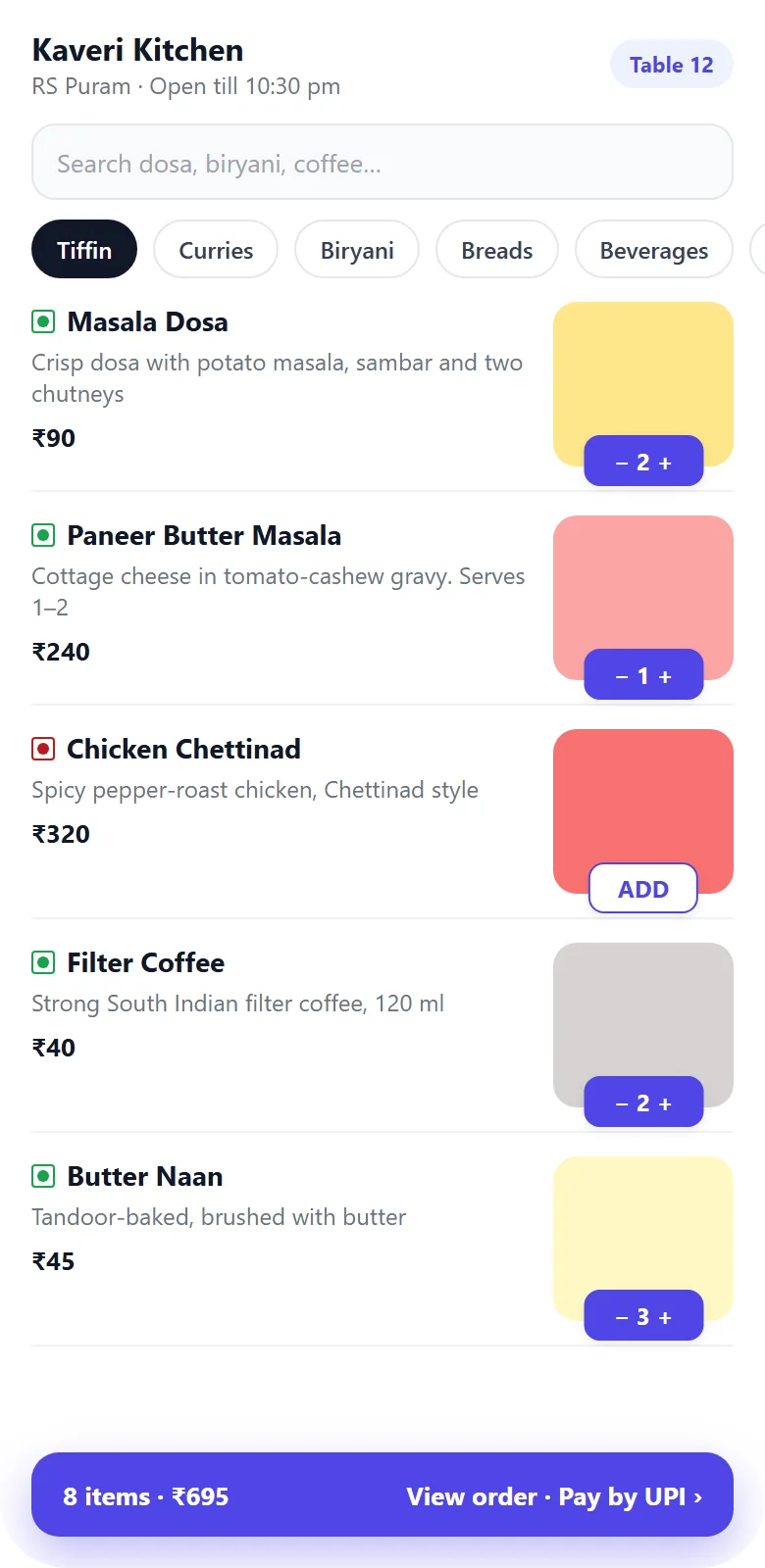 QR table ordering screen on a phone with veg and non-veg menu items, add buttons and a view order and pay by UPI bar