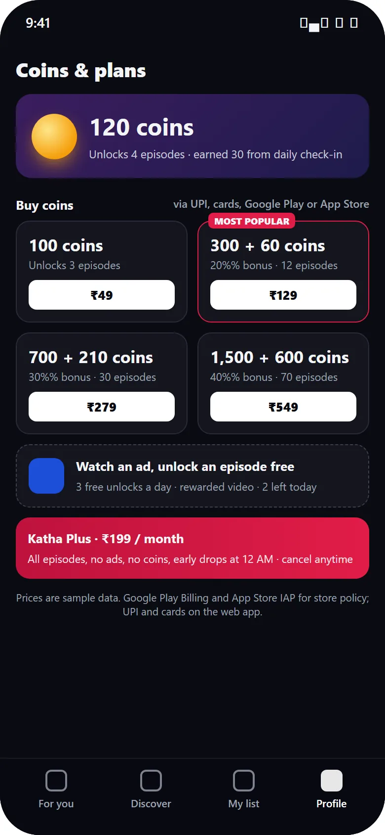 Short drama coin store with four coin packs, a rewarded-ad free unlock card and an ad-free monthly plan
