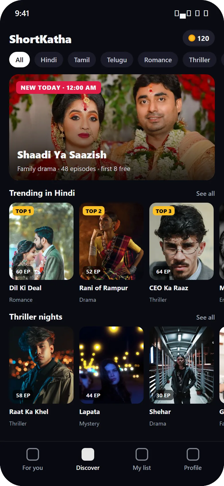 Short drama discover screen with a daily 12 AM drop banner, language and genre chips, and trending and thriller rows of vertical posters