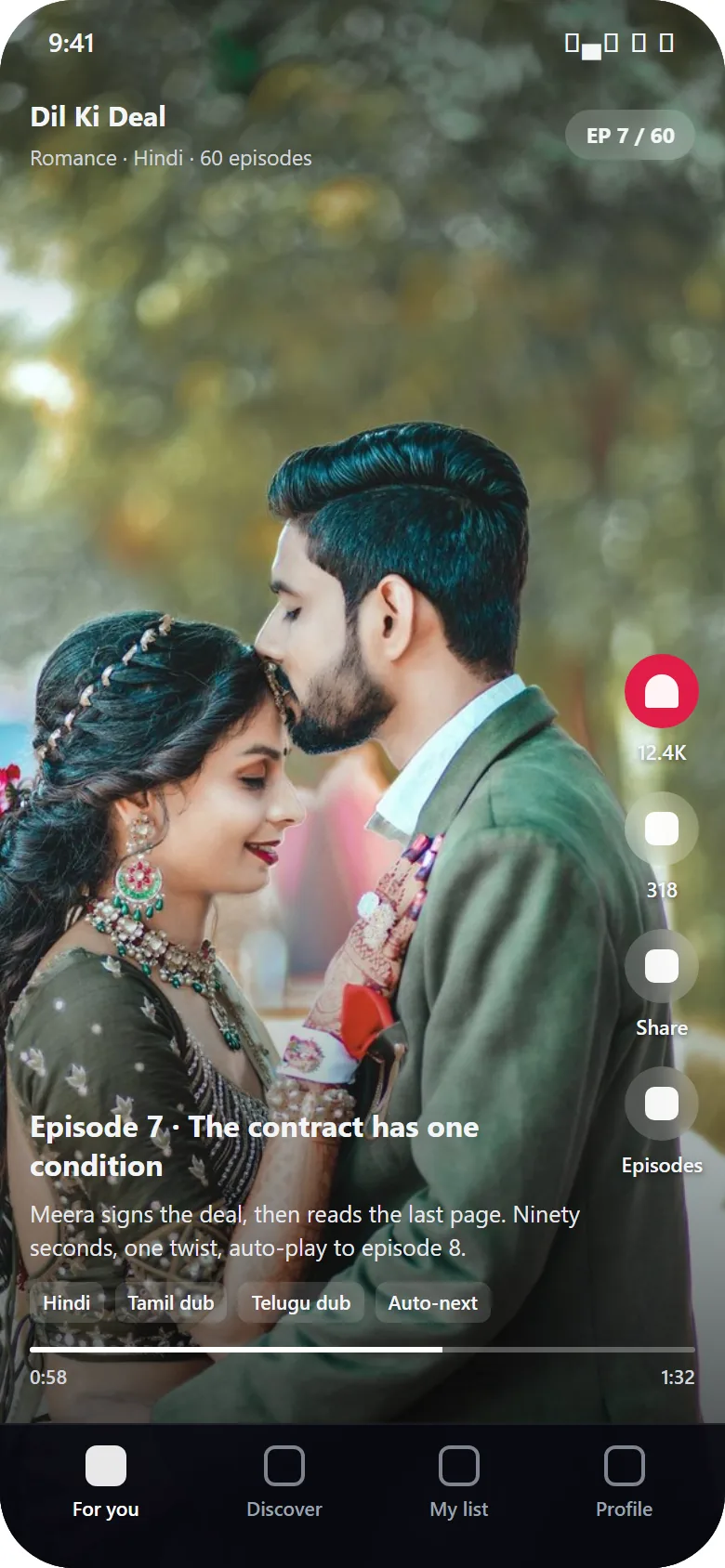 Illustrative short drama app screen (sample data): vertical episode player on a phone, episode 7 of 60 of a Hindi romance series with like, share and episode buttons, Tamil and Telugu dub tags, a progress bar and auto-next
