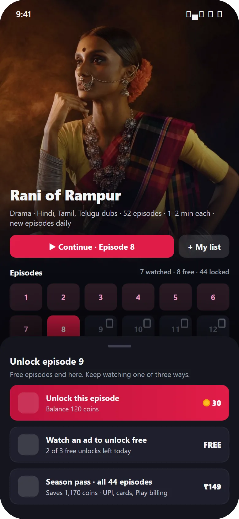 Short drama series page with a 52-episode grid, watched and locked episodes, and an unlock sheet offering 30 coins, a rewarded ad or a season pass